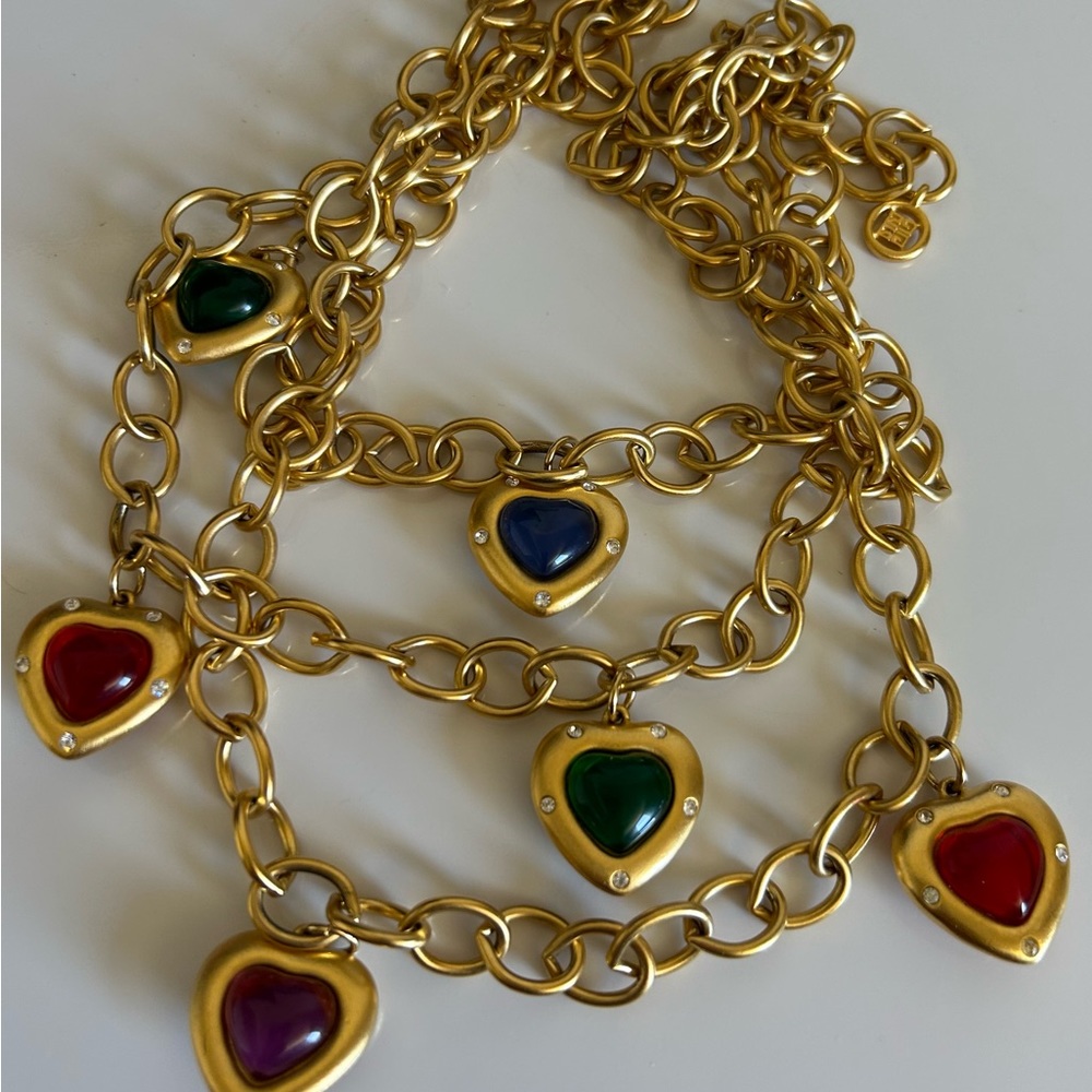 Vintage Givenchy goldtone colorful Heart Gripoix Dangle Charms layers necklace